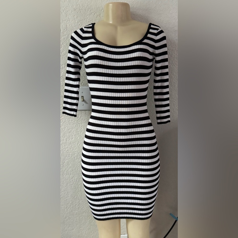 Say What? Black and White Striped Long Sleeve Dress bodycon knee-length party